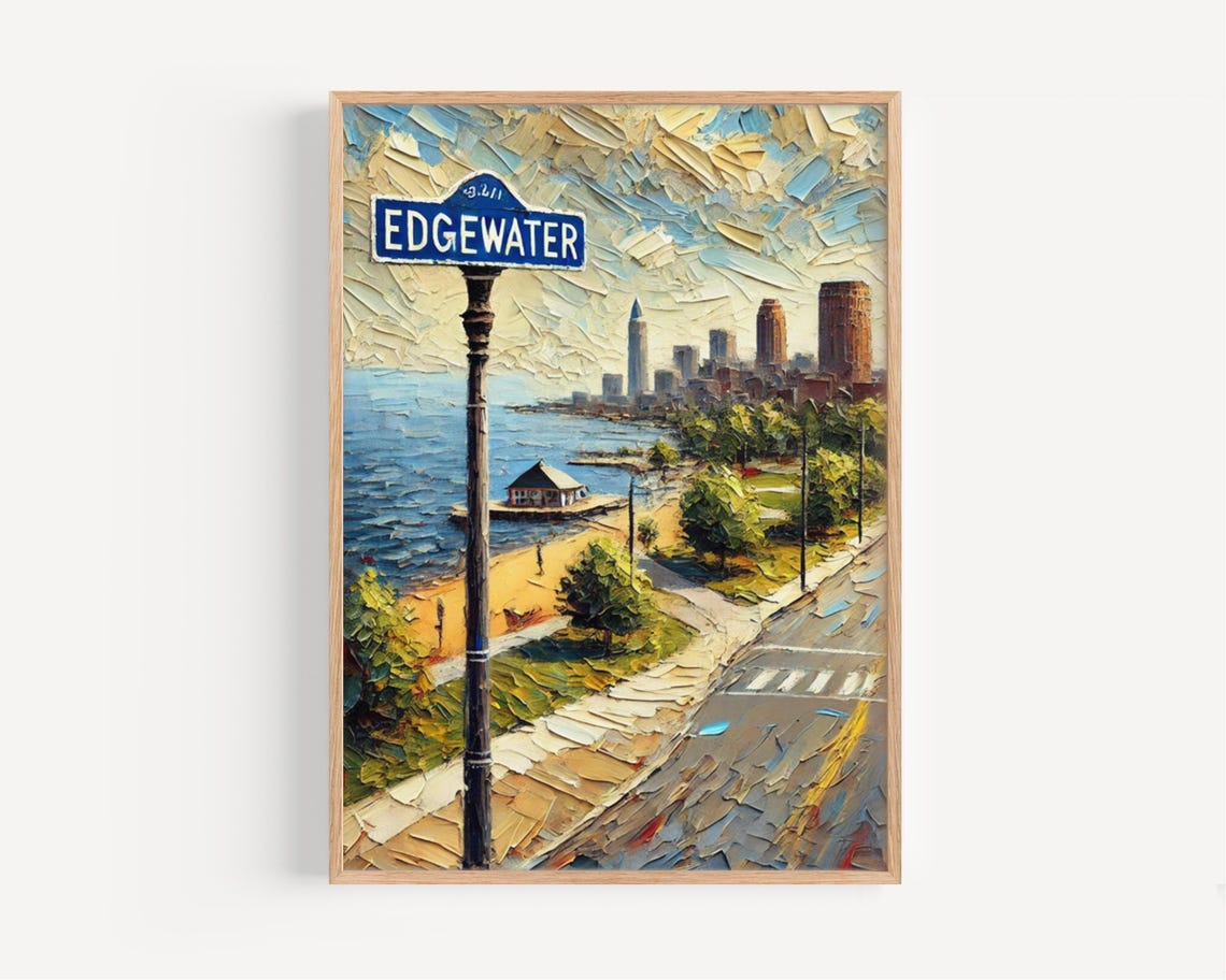 Edgewater Cleveland Impasto Street Sign Lakefront Skyline Poster