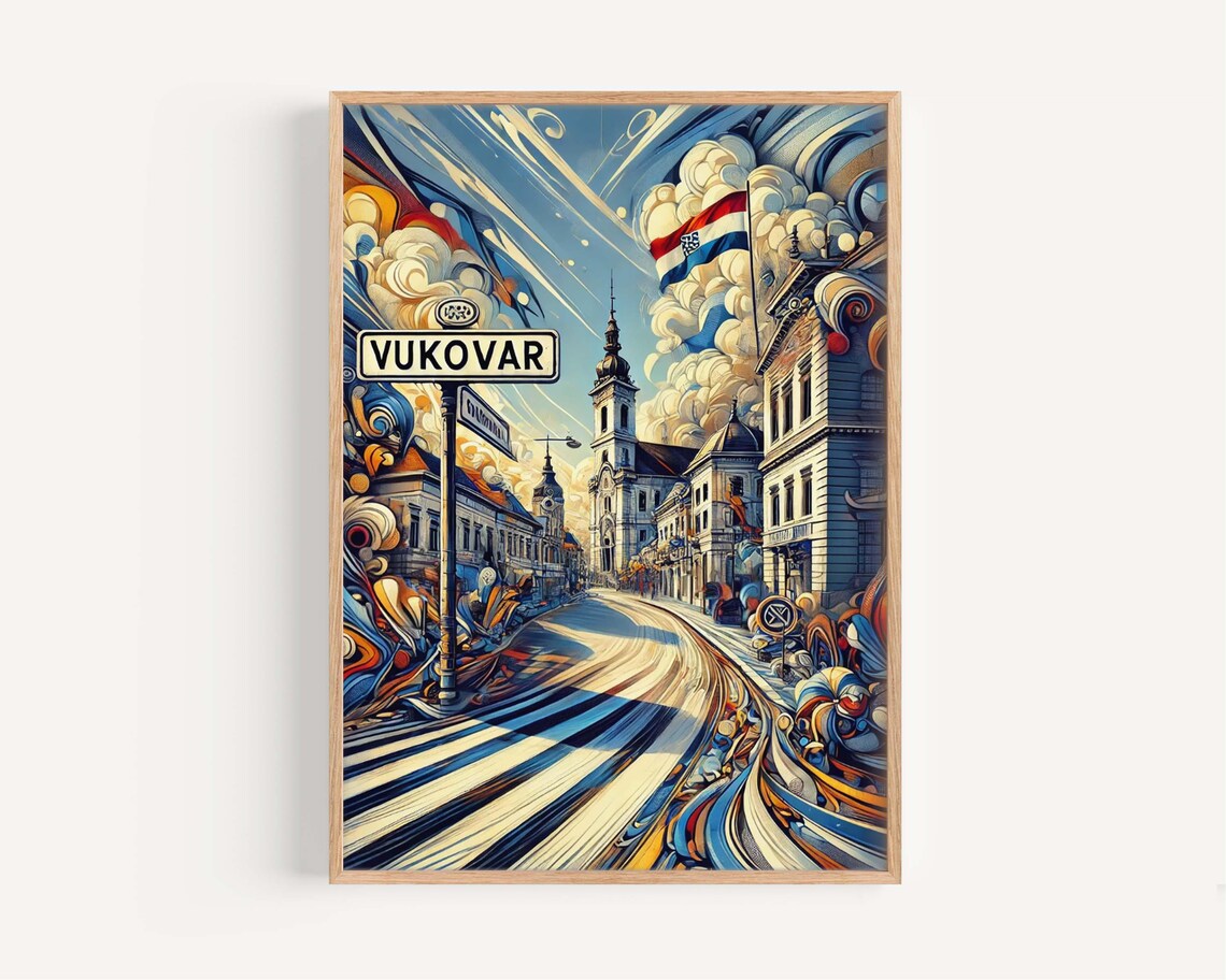 Vukovar Croatia Artistic Street Sign Church Tower Flag Travel Poster