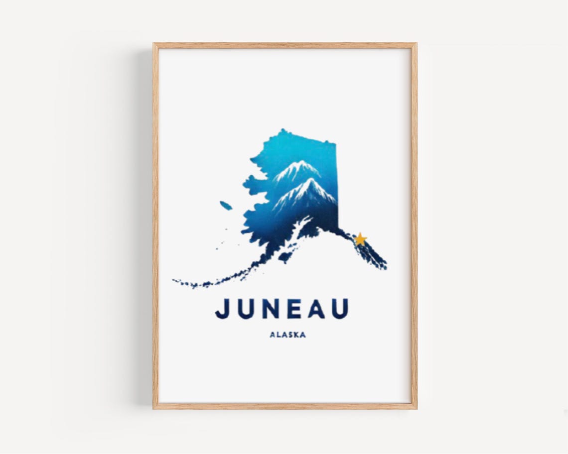 Juneau Alaska Icy Blue State Map Snowy Mountain Gold Star Poster