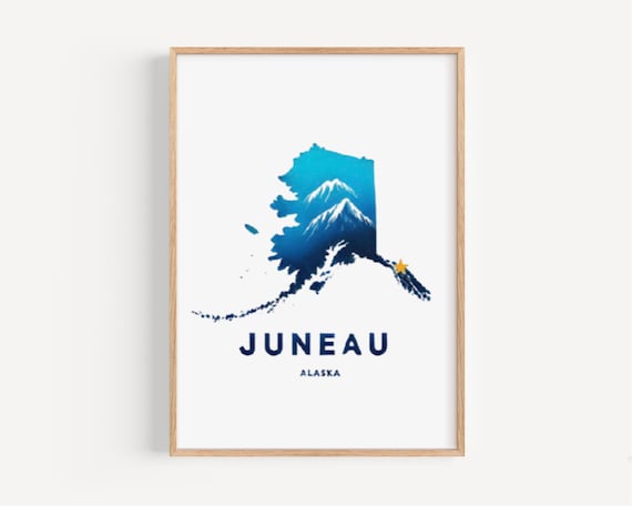 Juneau Alaska Icy Blue State Map Snowy Mountain Gold Star Poster