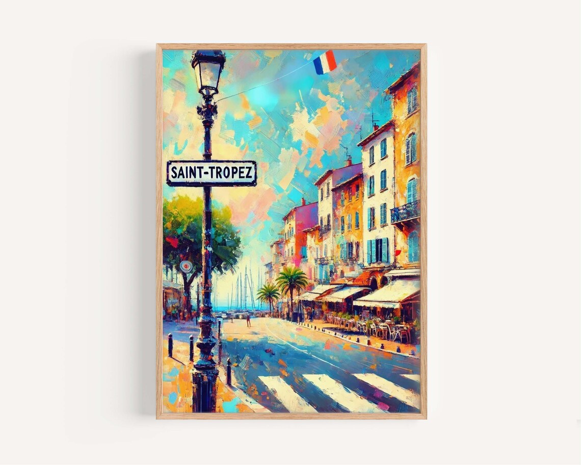 Saint-Tropez France Riviera Street Scene Vibrant Travel Art Poster