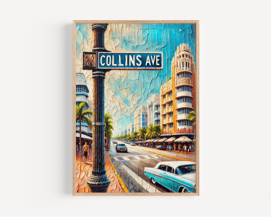 Miami Collins Ave Travel Poster, Modern Coastal Decor
