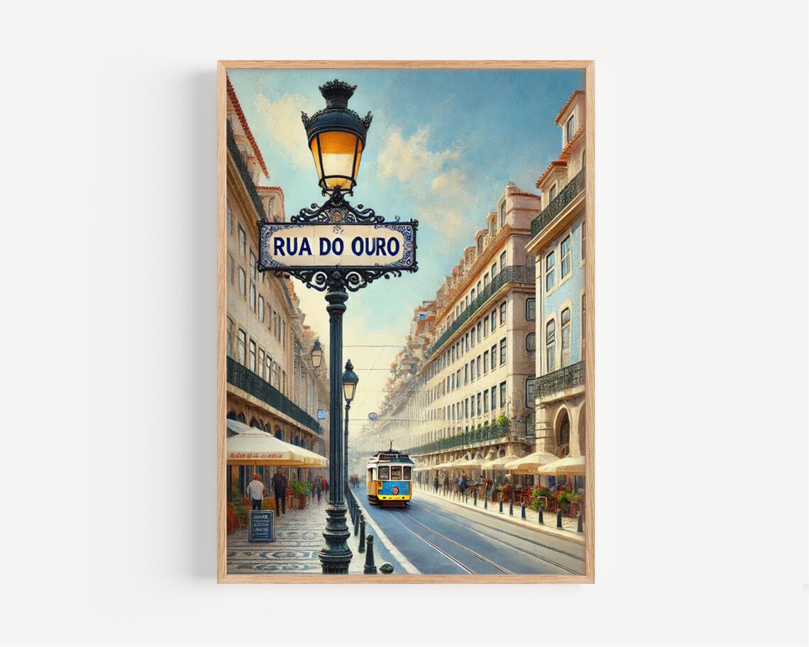 Rua Do Ouro Lisbon Yellow Tram Portuguese Street Scene Travel Poster