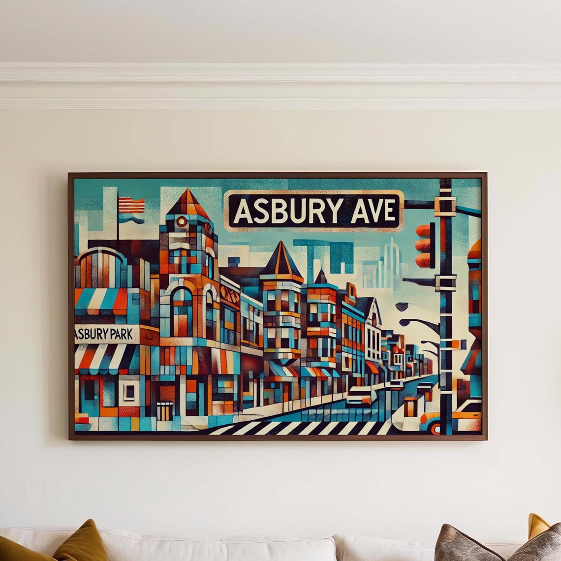 Asbury Avenue New Jersey Colorful Cubist Street Scene Poster