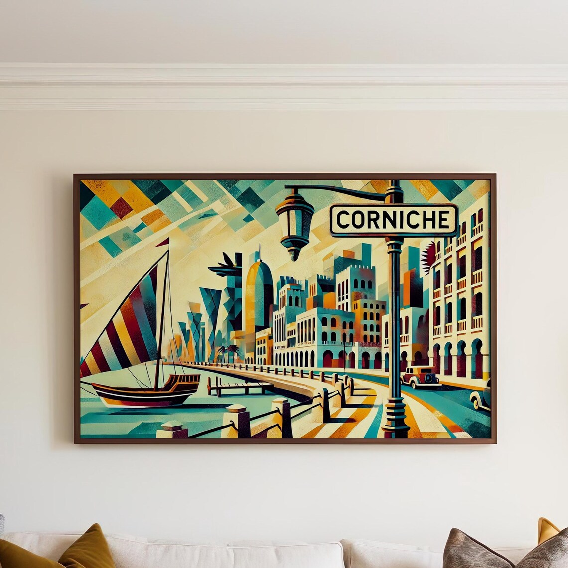 Doha Qatar Corniche Dhow Boat Art Deco Style Vintage Travel Poster