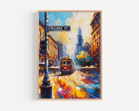 Bourke Street Melbourne Oil Painting Vintage Tram City Scene Poster