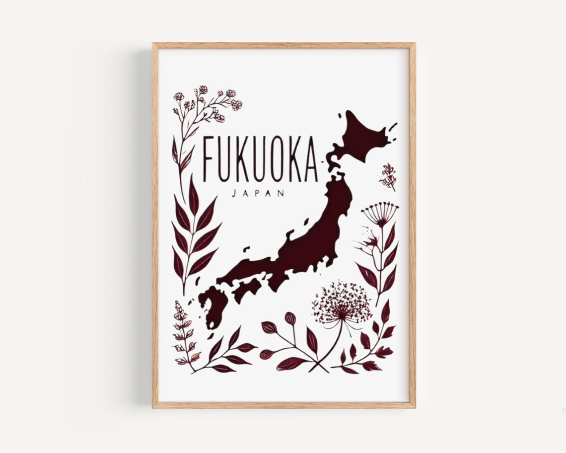 Fukuoka Japan Burgundy Botanical Map Silhouette Travel Poster