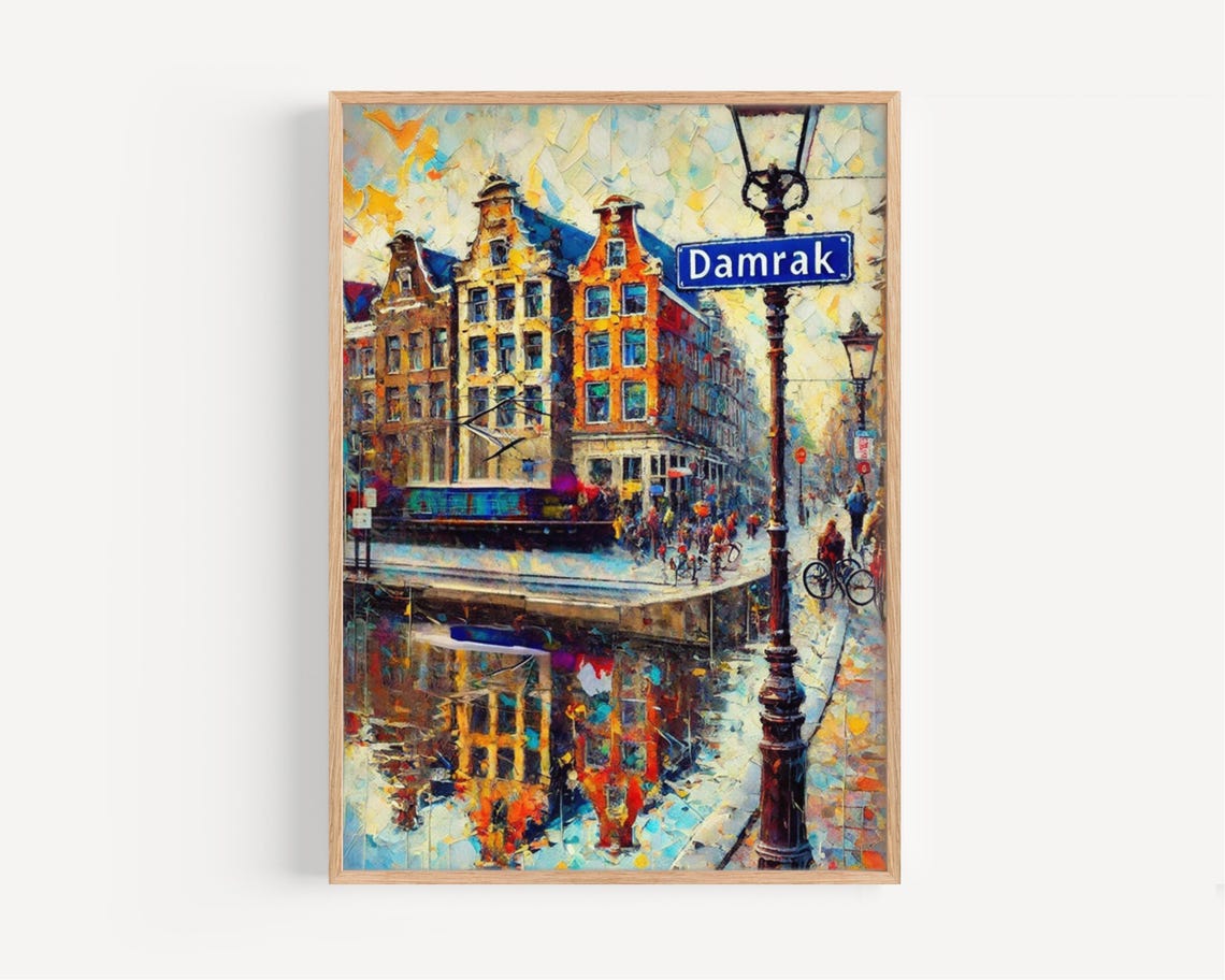 Damrak Amsterdam Netherlands Canal Street Sign Impasto City Poster