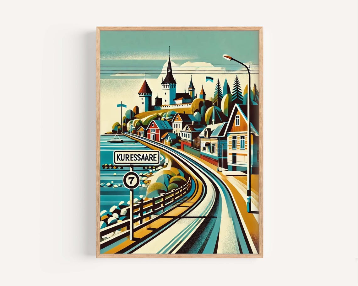 Kuressaare Estonia Castle Coastal Harbor Retro Illustration Poster