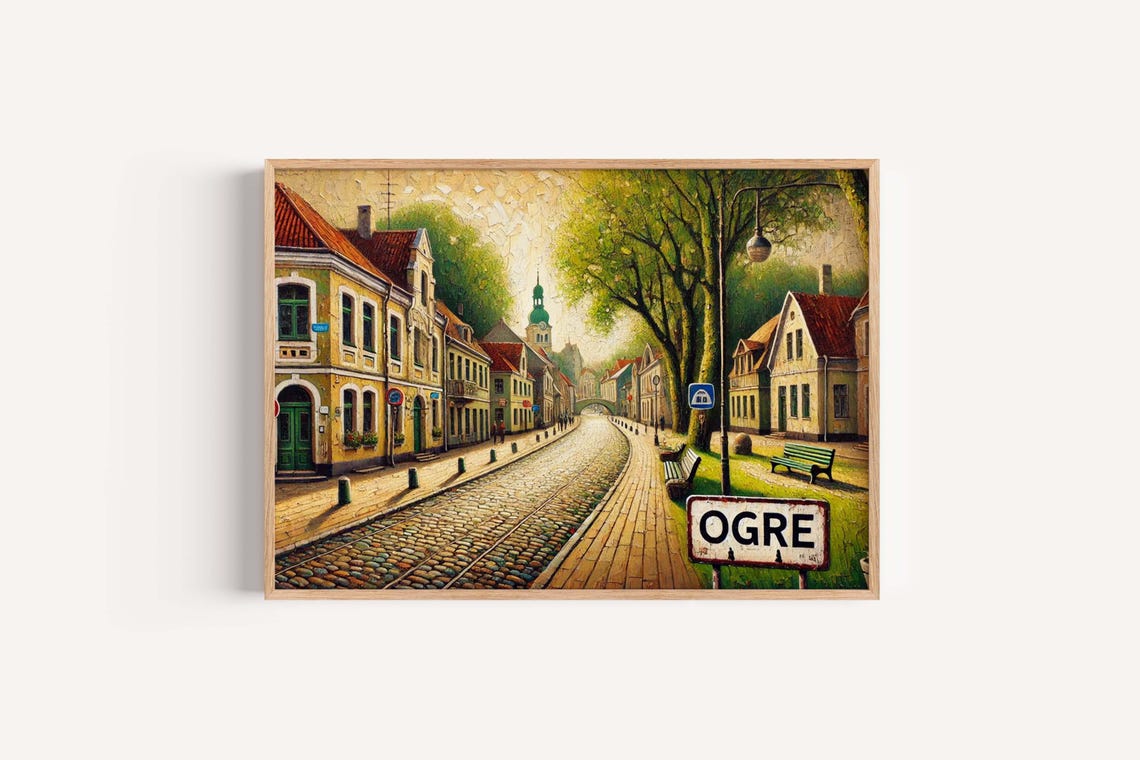 Ogre Town Latvia Cobblestone Street Mosaic Vintage Art Poster