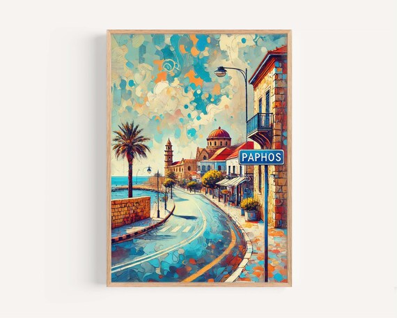 Paphos Cyprus Impressionist Coastal Street Sign Mediterranean Poster