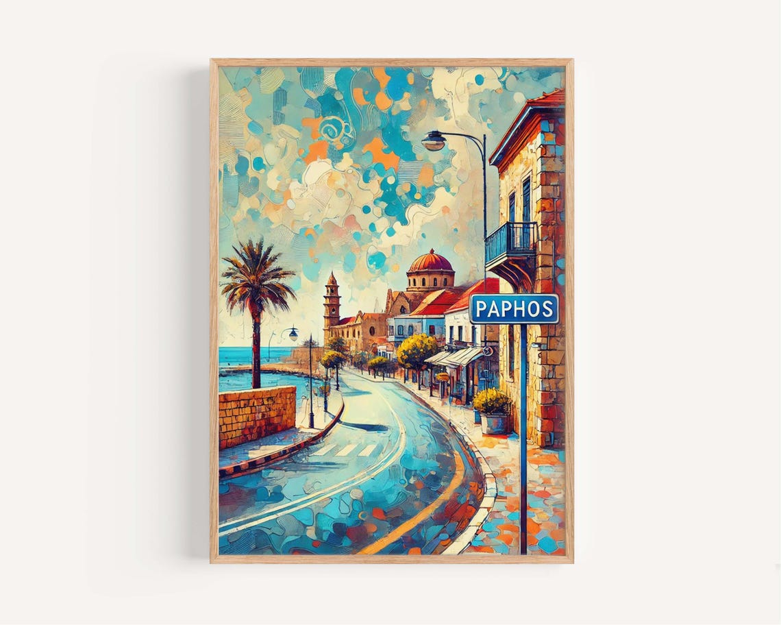 Paphos Cyprus Impressionist Coastal Street Sign Mediterranean Poster
