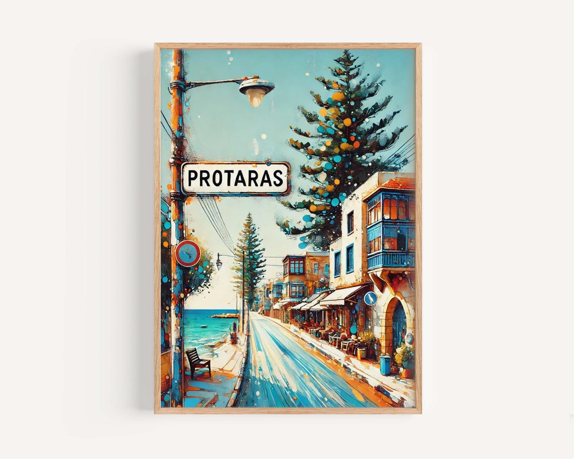 Protaras Cyprus Sunlit Street Mediterranean Town Retro Art Poster
