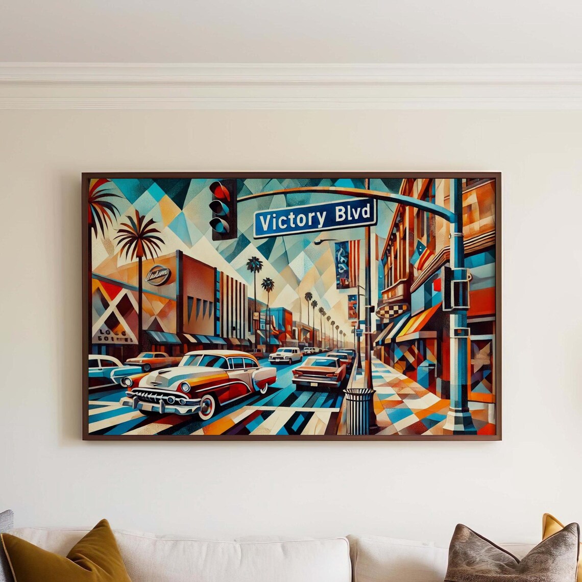 Victory Blvd Los Angeles Poster Retro City Street Palm Trees Cars