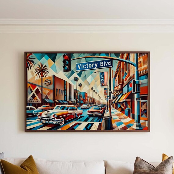 Victory Blvd Los Angeles Poster Retro City Street Palm Trees Cars