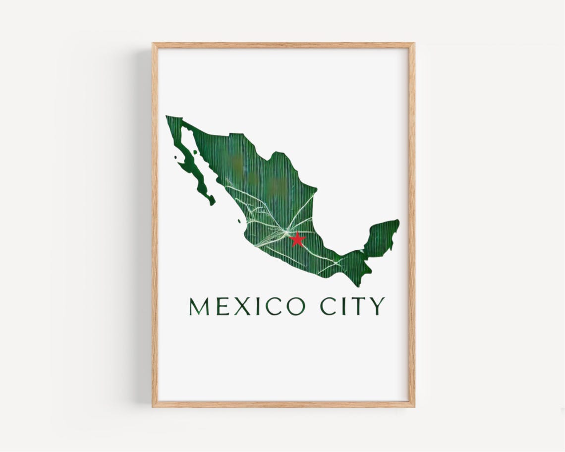 Mexico City Green Country Map With Red Star Capital Marker Poster