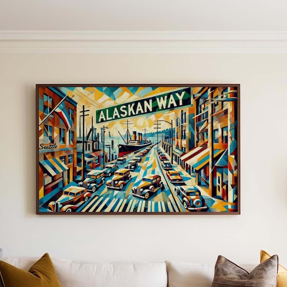 Vintage Alaskan Way Seattle Cubist Waterfront Street Scene Poster