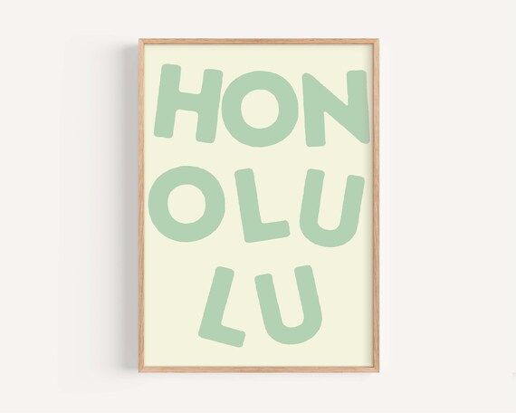 Honolulu Green Block Letters Retro Hawaii Typography Beach Art Poster