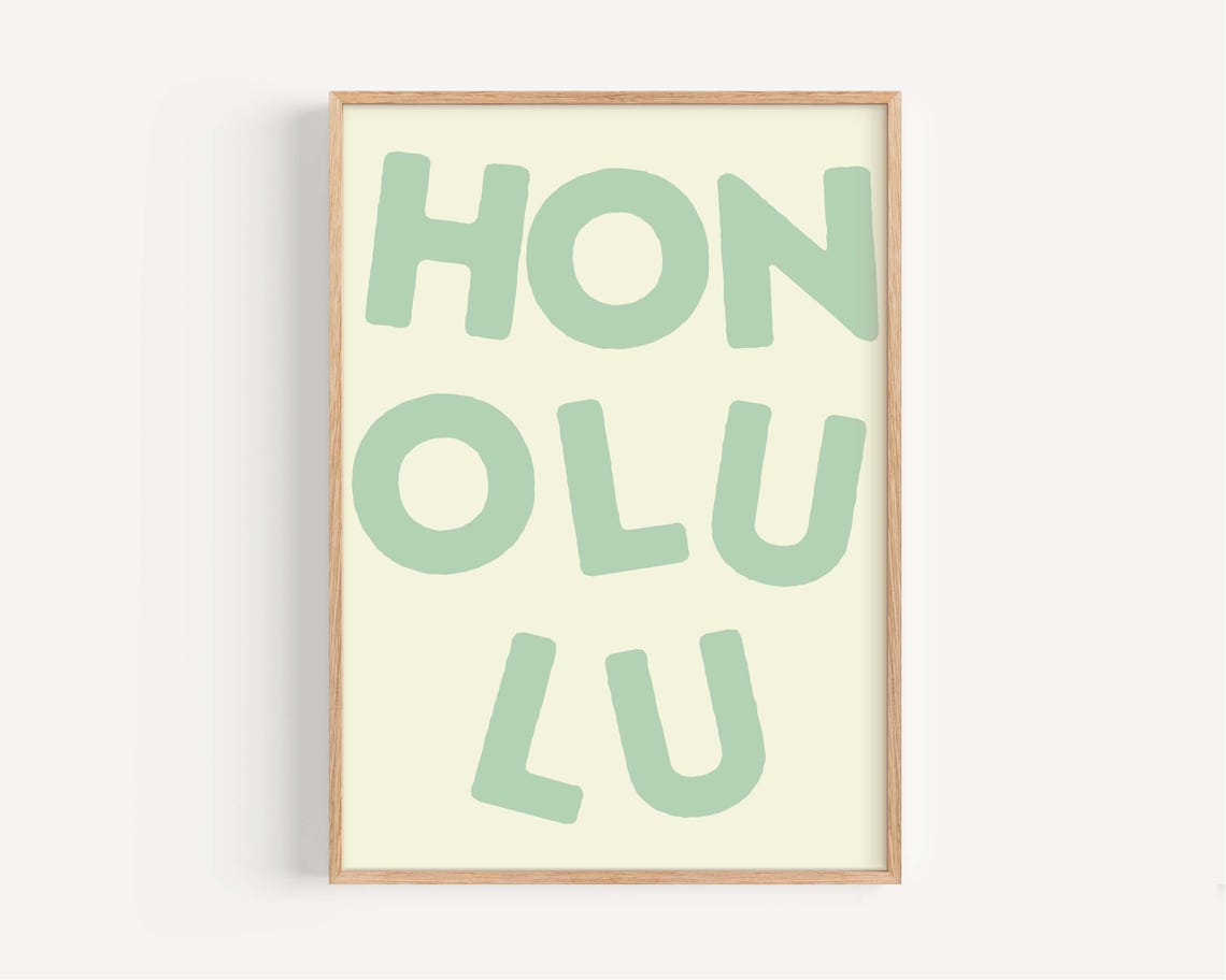 Honolulu Green Block Letters Retro Hawaii Typography Beach Art Poster