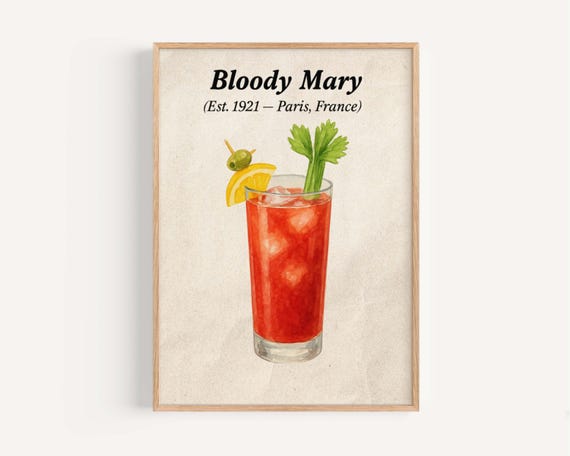 Vintage Bloody Mary Print Cocktail Illustration Kitchen Bar Decor