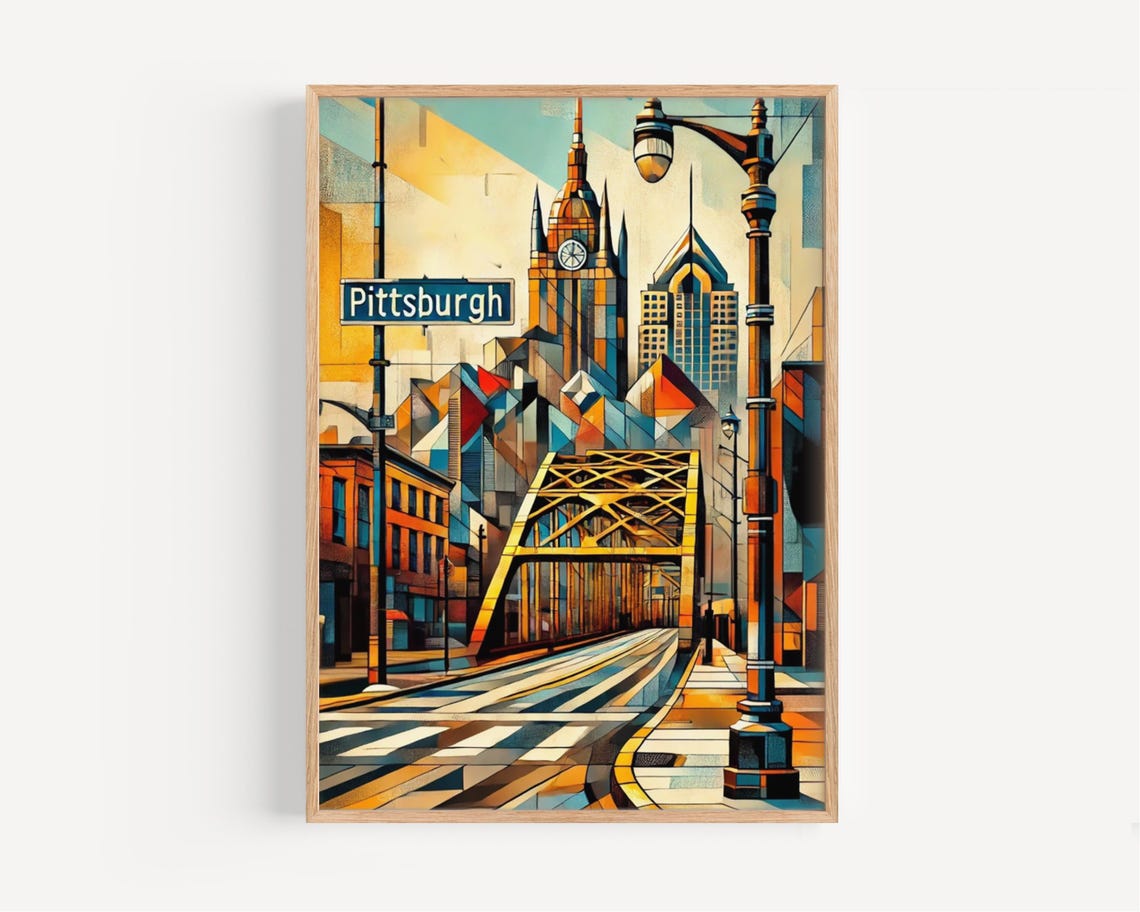 Pittsburgh Street Bridge Cubist Cityscape Retro Travel Art Poster