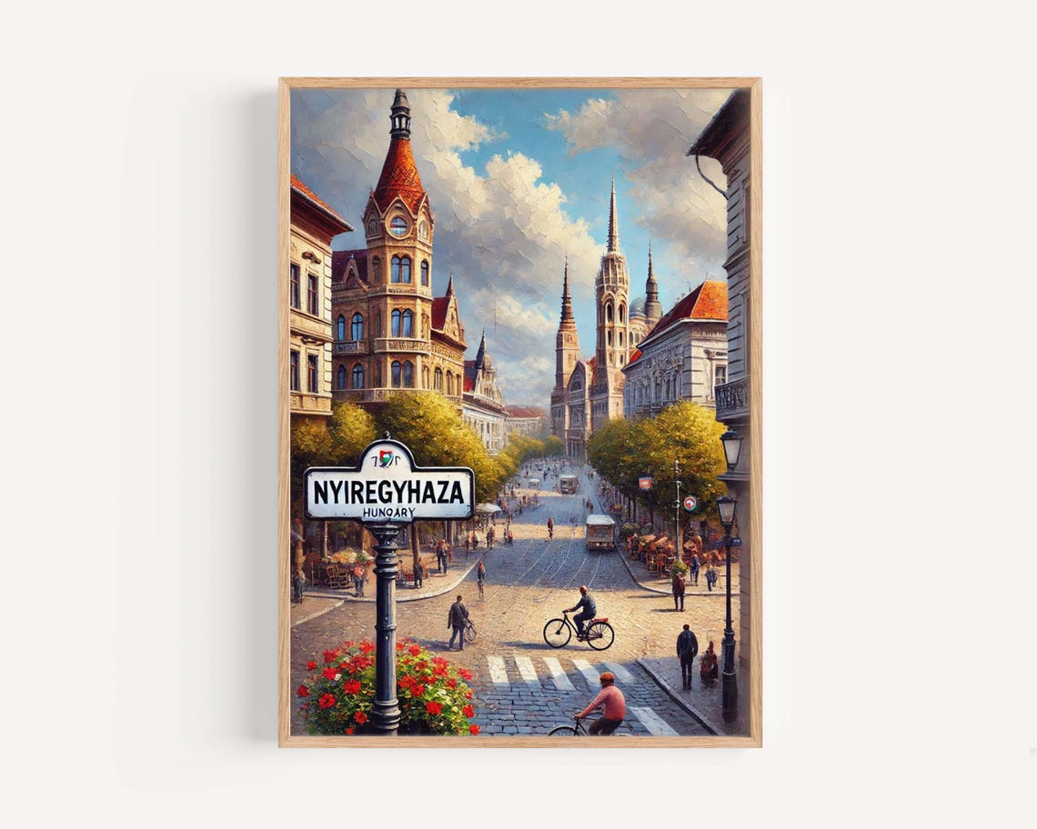 Nyiregyhaza Hungary Bustling Historic Street Scene Travel Poster