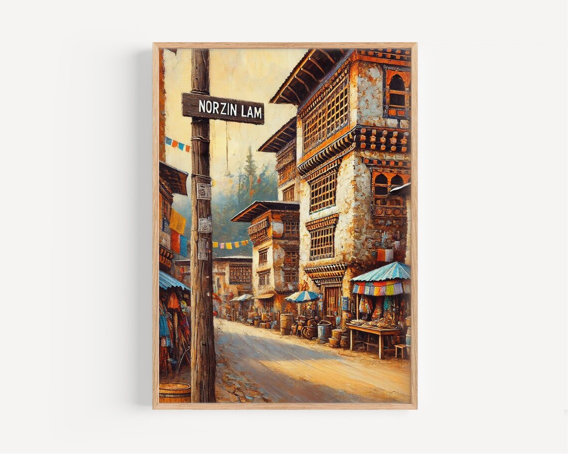 Thimphu Bhutan Travel Poster, Norzin Lam Street Art