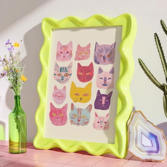 Twelve Colorful Cat Faces Whimsical Feline Portraits Playful Art Poster