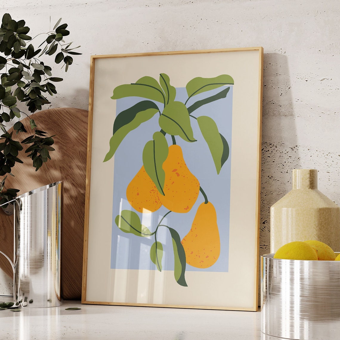 Orange Pears Branch Botanical Illustration Light Blue Kitchen Poster