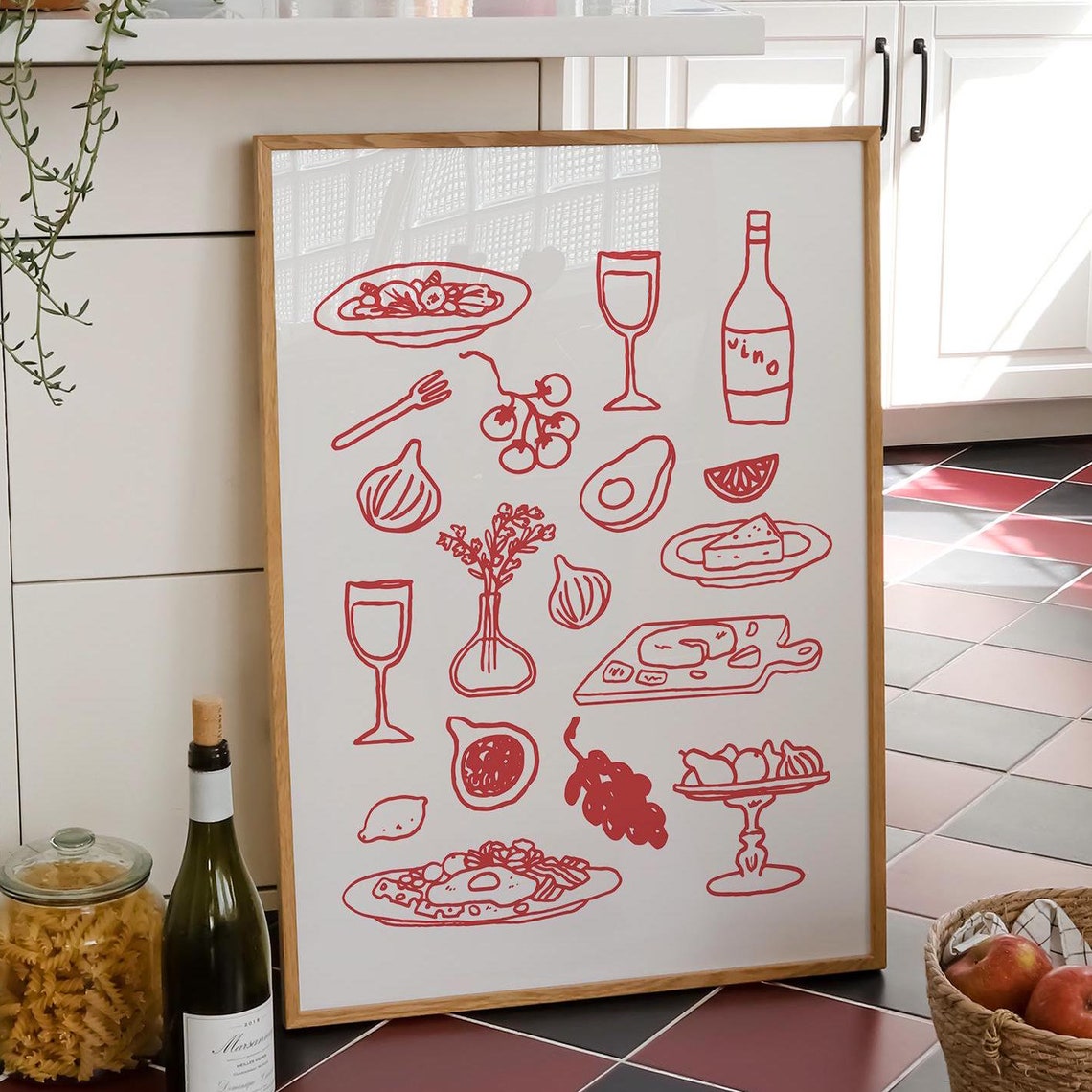 Retro Dinner Table Red Line Food And Wine Illustration Art Print