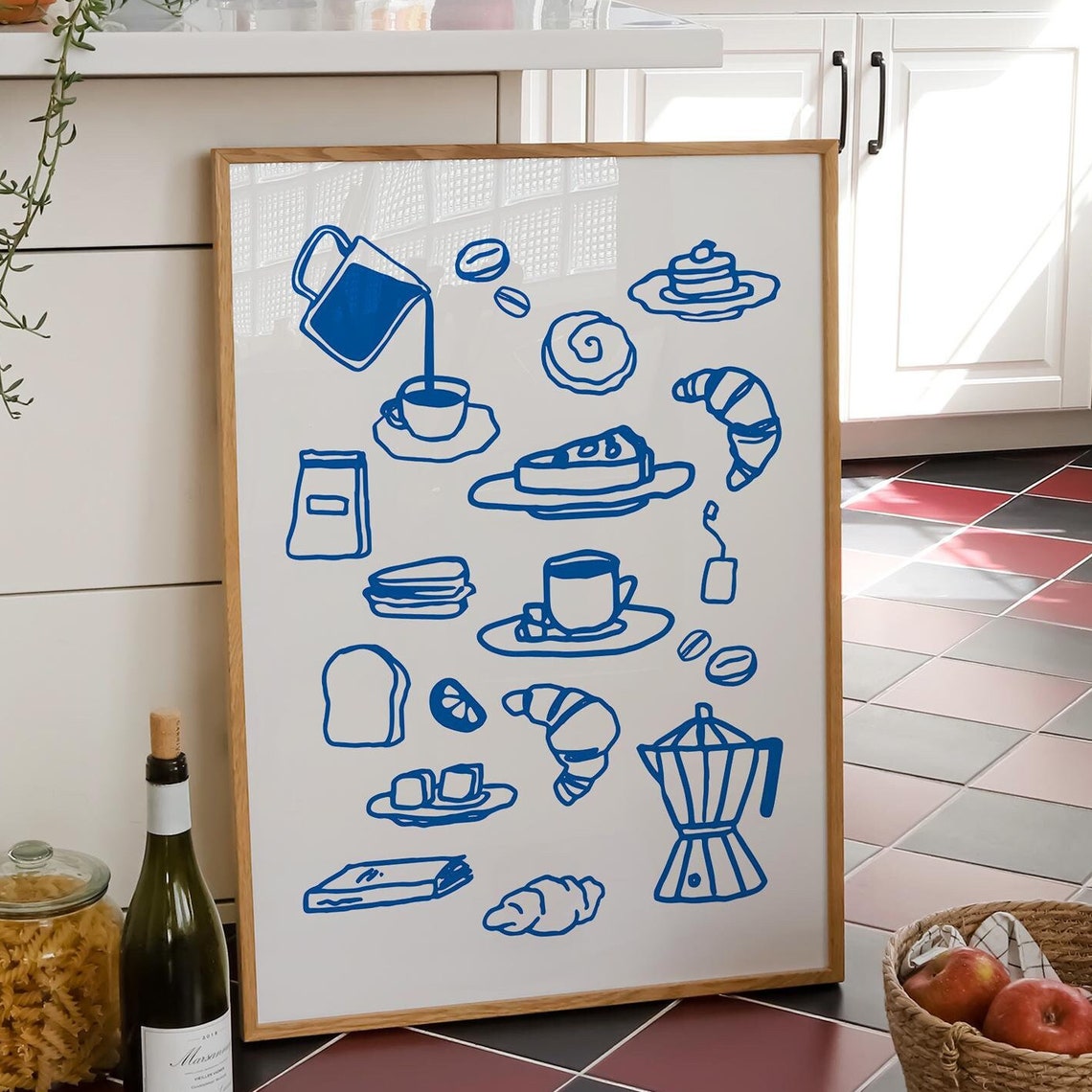 Retro Blue Hand Drawn Breakfast Coffee Kitchen Food Wall Art