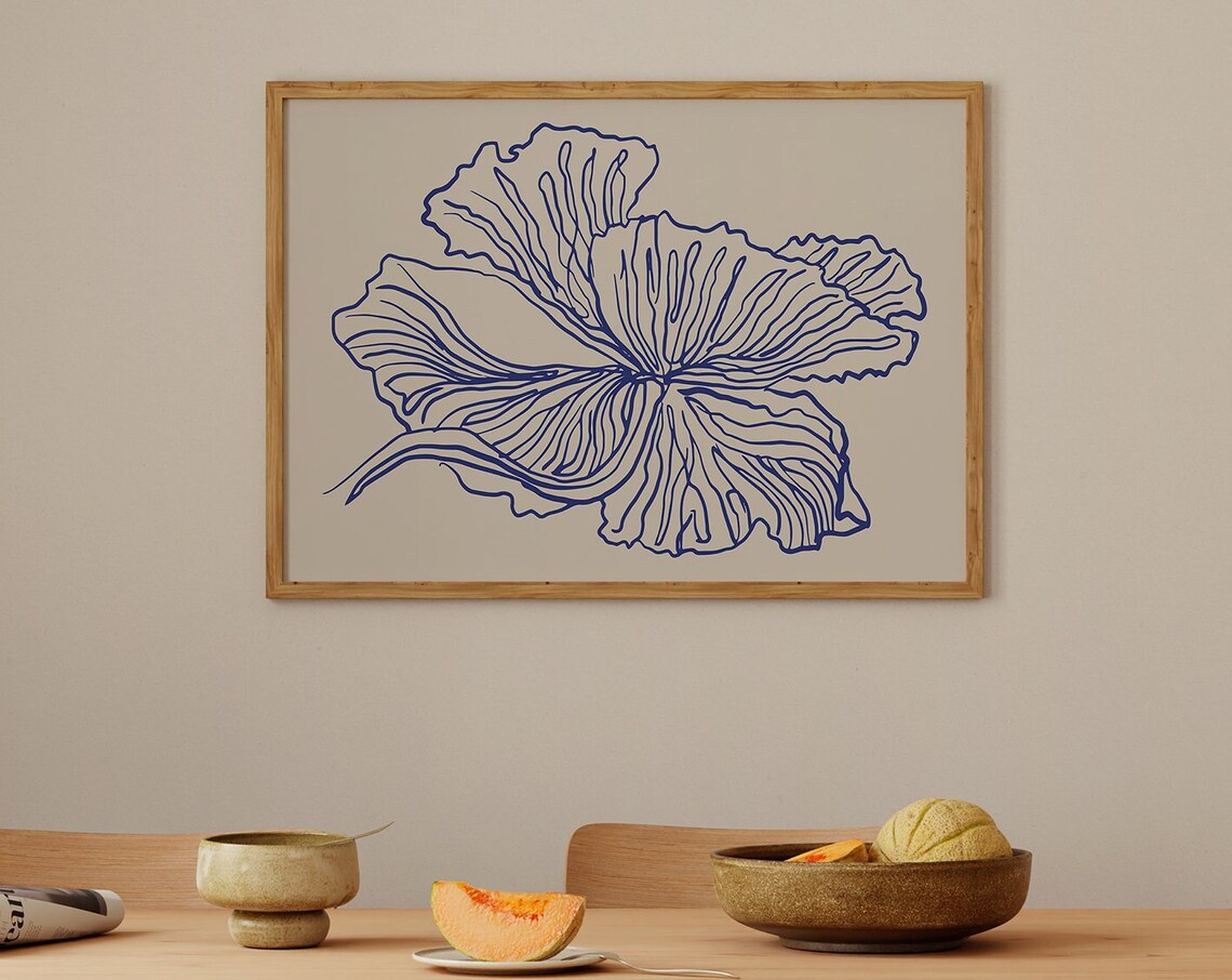 Blue Line Art Hibiscus Flower Minimal Botanical Beige Wall Poster - Image 3