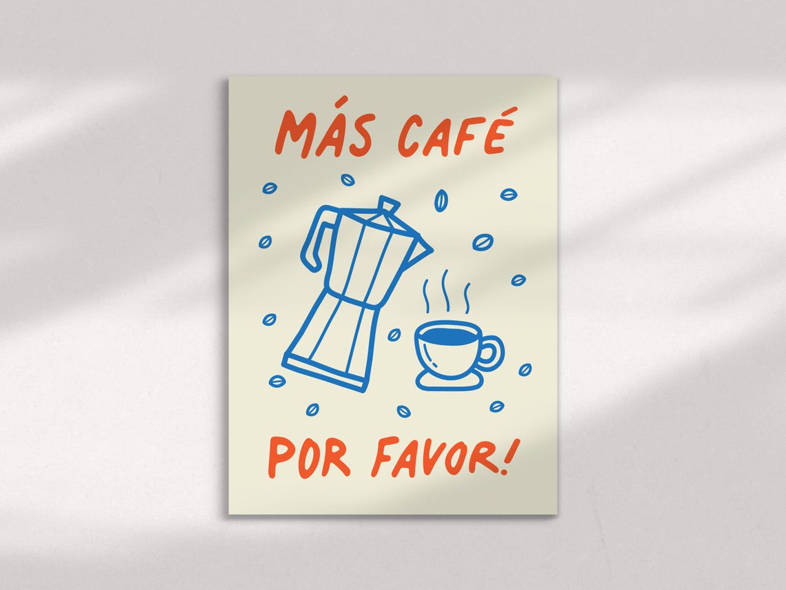 Mas Cafe Por Favor Moka Pot Doodle Spanish Kitchen Coffee Poster