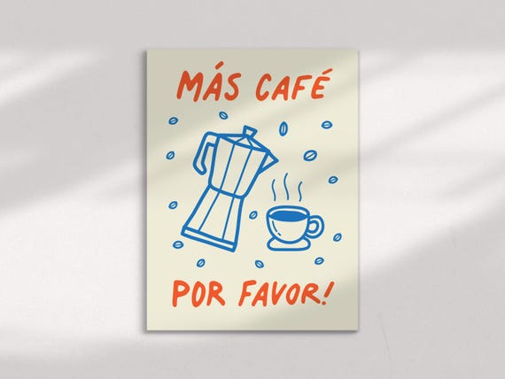 Kitchen Coffee Print Ms Caf Por Favor Lovers Gift Retro Drawn Doodle Cafe Poster Spanish Inspired