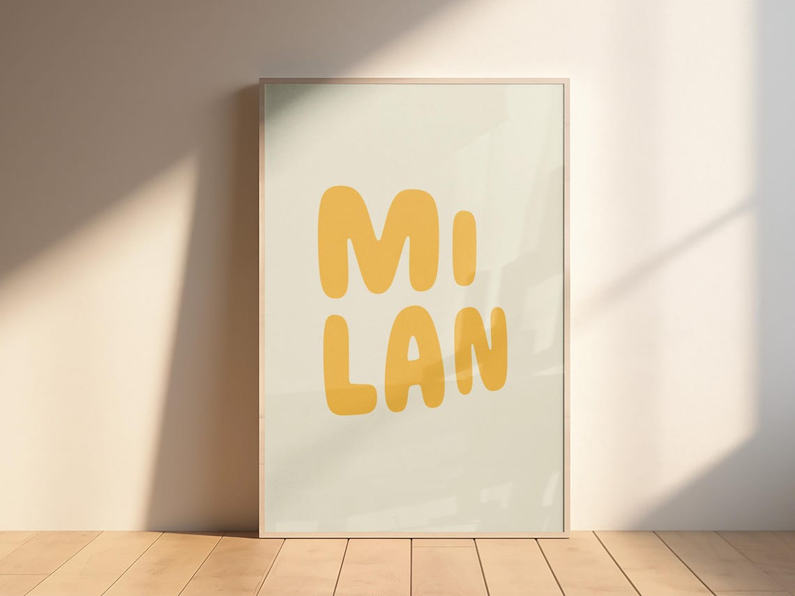 Milan Retro Bubble Letter Typography Pale Sage Green Travel Poster