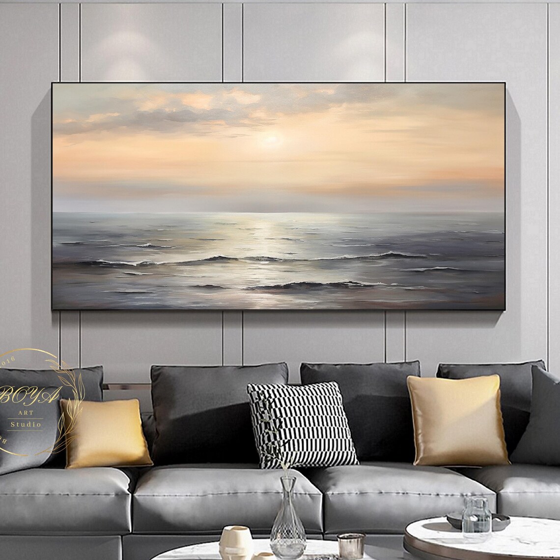 Soft Beige Sunset Seascape Over Calm Ocean Waves Decor Poster