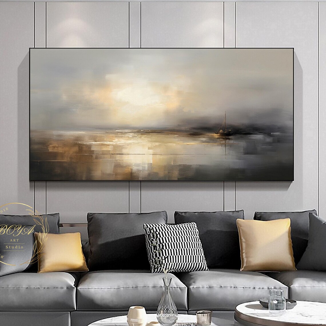Golden Misty Seascape with a Distant Sailboat on the Horizon Poster