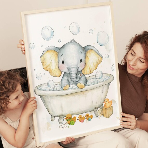 Cute Baby Elephant in Bubble Bath Tub Watercolor With Rubber Ducks Poster