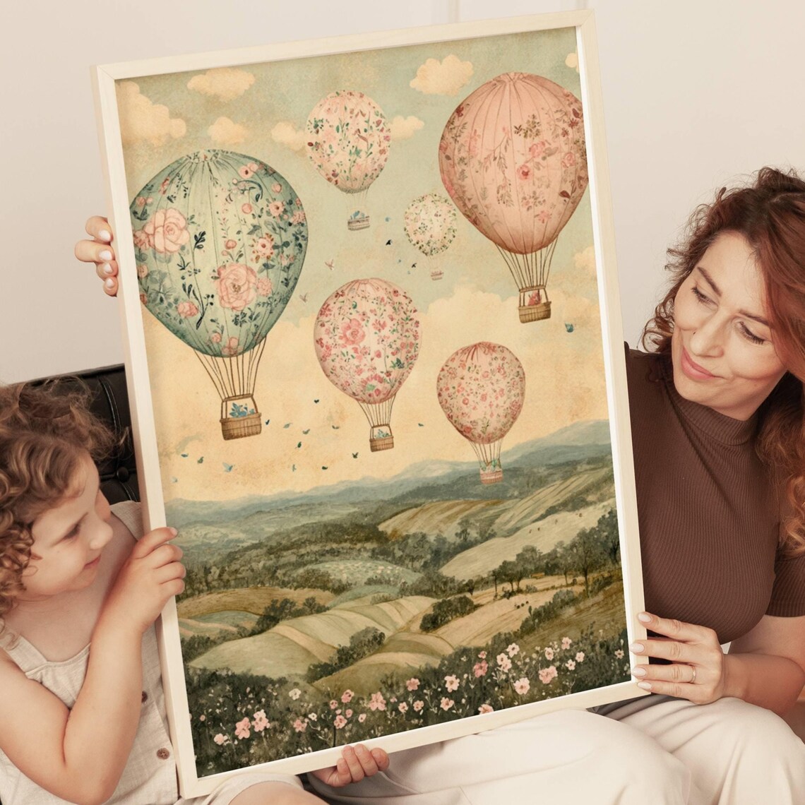Vintage Floral Hot Air Balloons Over Rolling Hills Nursery Art Poster