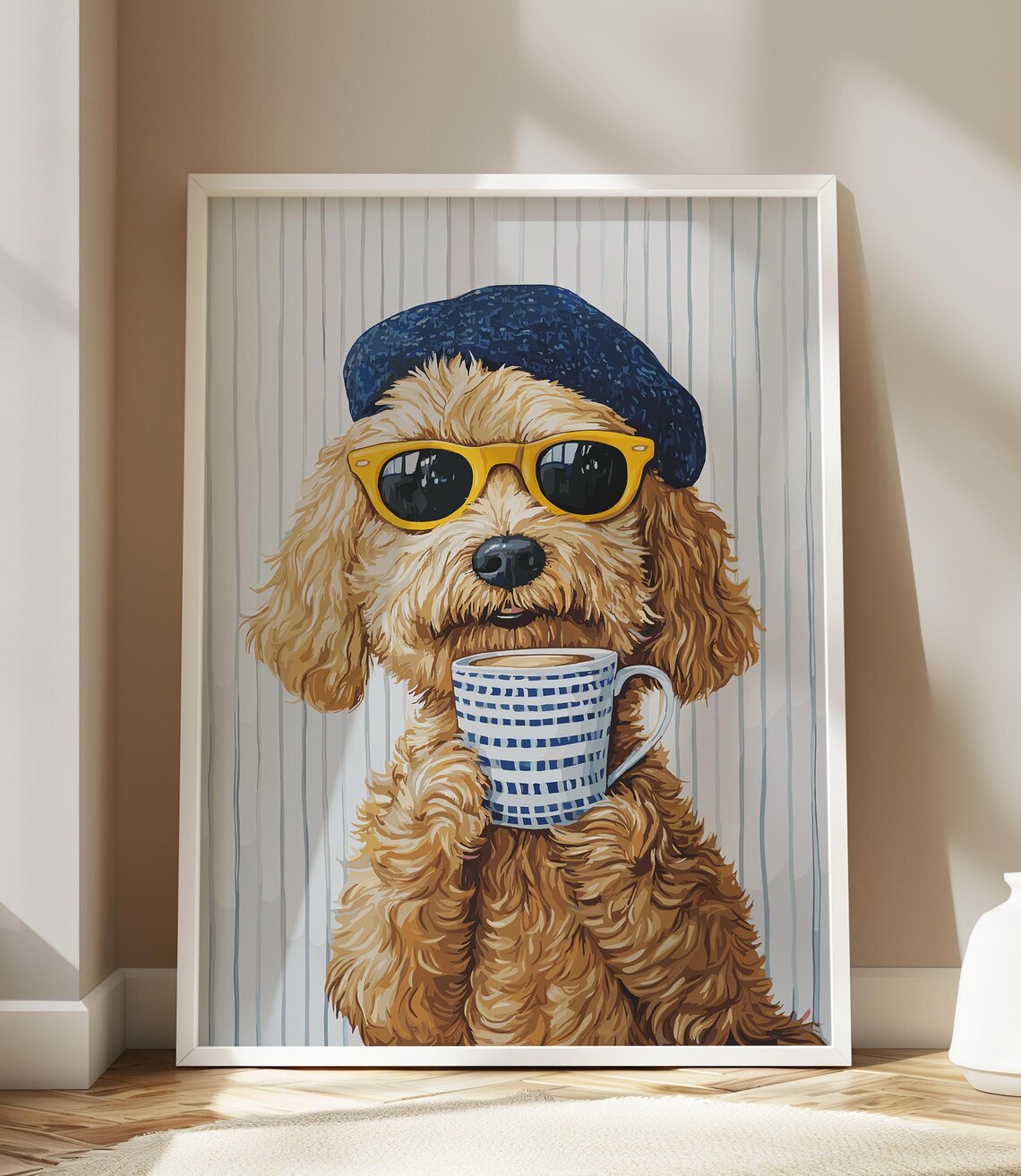 Goldendoodle in Blue Beanie and Sunglasses Sipping Coffee Poster