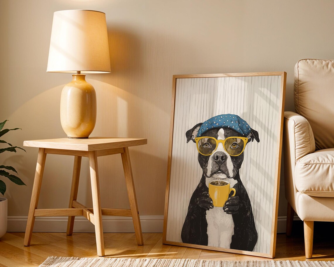 Pit Bull in Blue Bandana and Sunglasses Holding Coffee Poster - Image 3