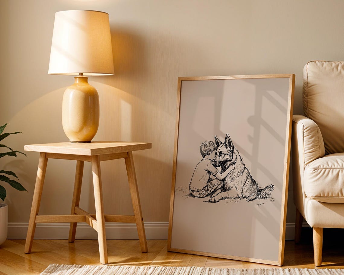 Boy Hugging German Shepherd Dog Loyal Friend Ink Sketch Poster - Image 2