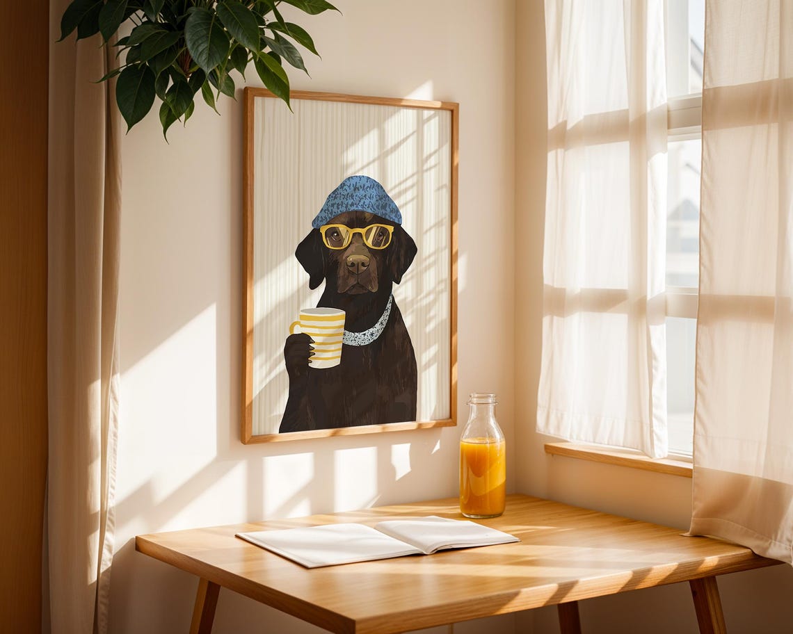 Chocolate Labrador in Beanie and Glasses Holding Coffee Poster - Image 3