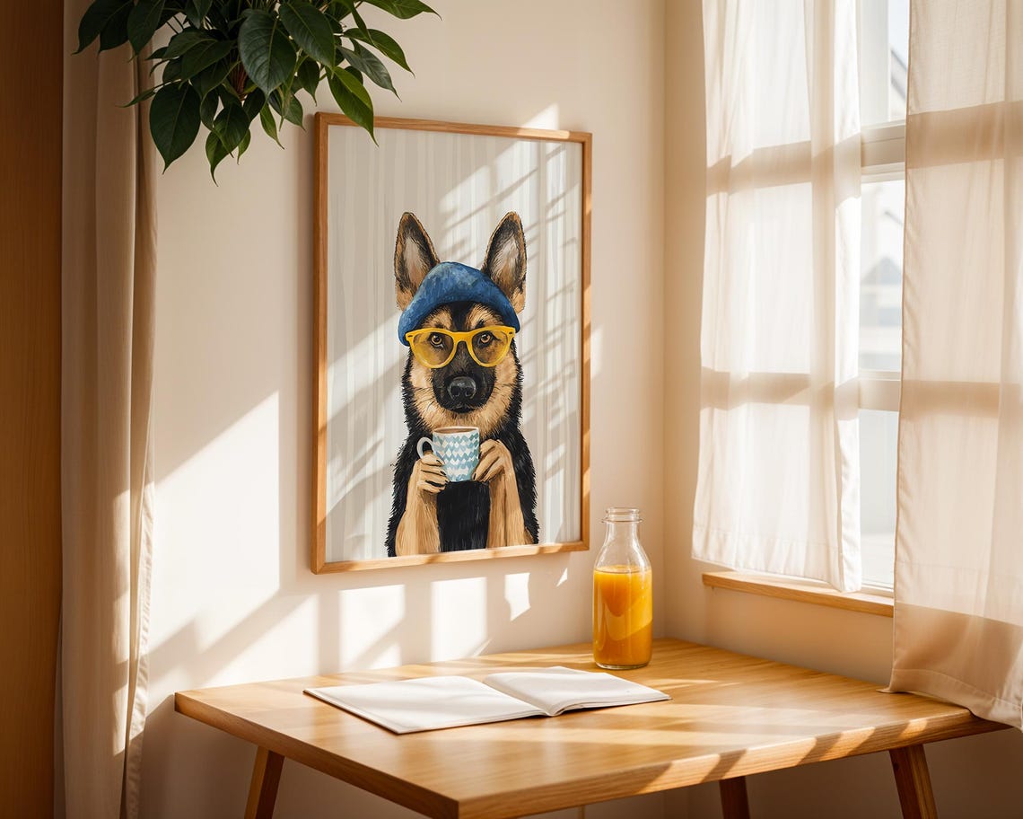 Funny German Shepherd Sipping Coffee Dog Pet Art Wall Decor Portrait Painting Kitchen Poster Print Illustration Retro Drawing - Image 2