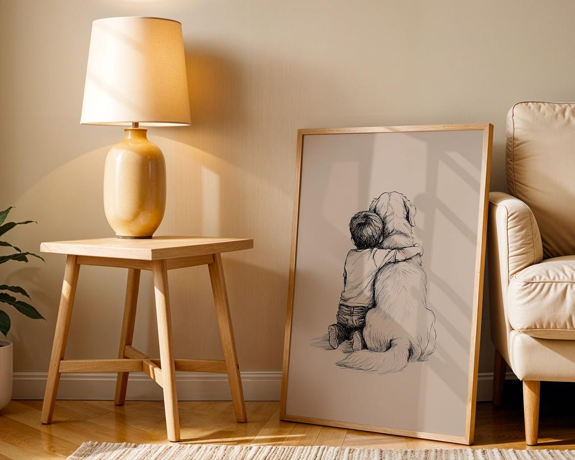 Golden Retriever And Boy Nursery Art Print - Image 2