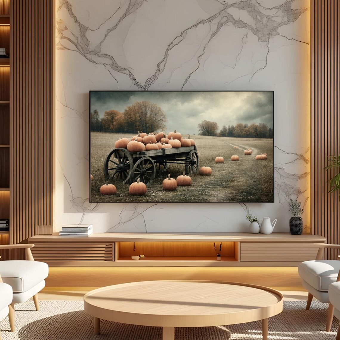 Rustic Fall Pumpkin Art Print, Autumn Field Decor