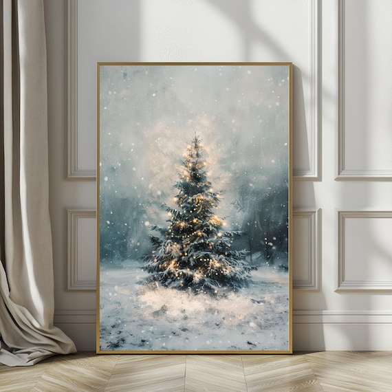Lit Christmas Tree Snowy Forest Magical Winter Holiday Art Poster