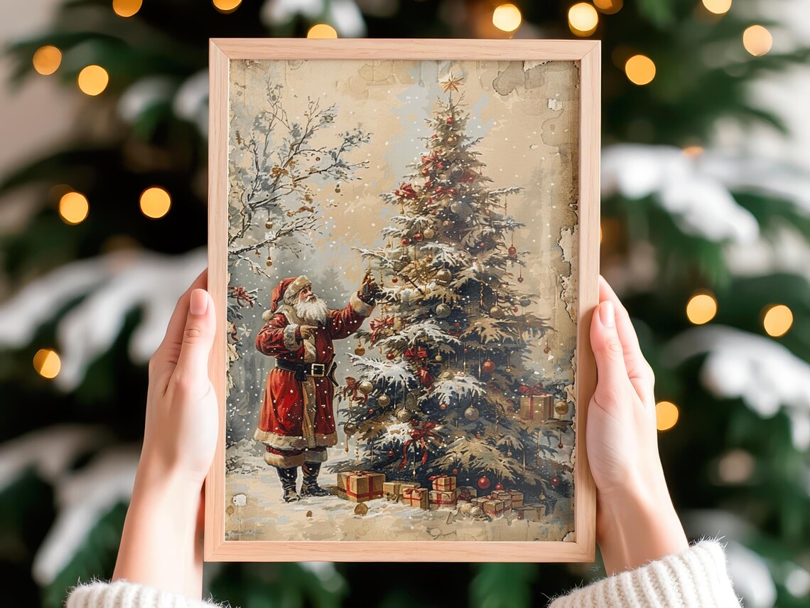 Vintage Christmas Santa Poster Print, Neutral Holiday