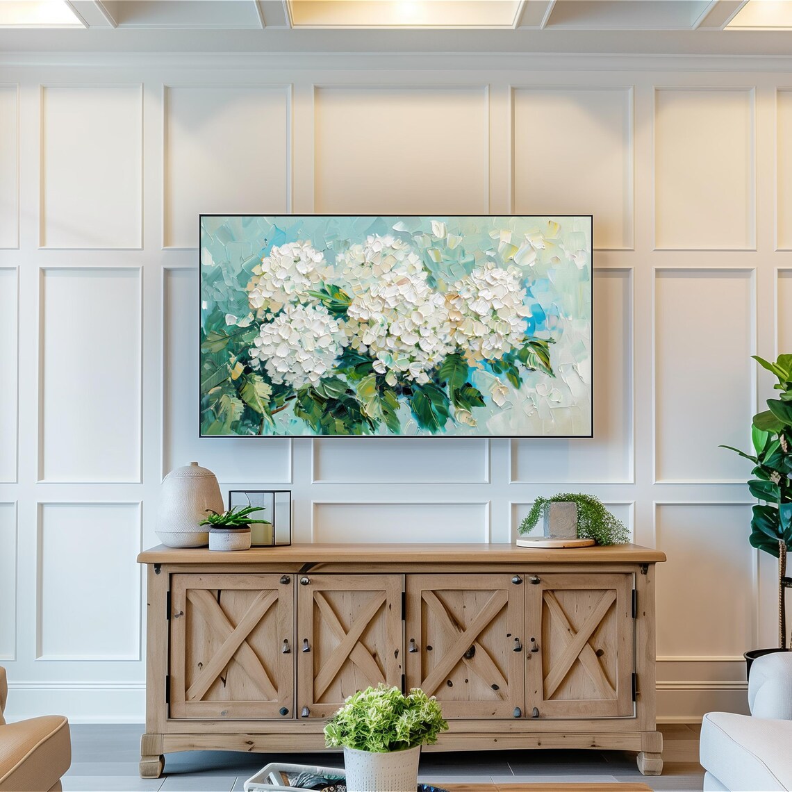 White Hydrangea Blooms Impasto Textured Floral Oil Painting Print