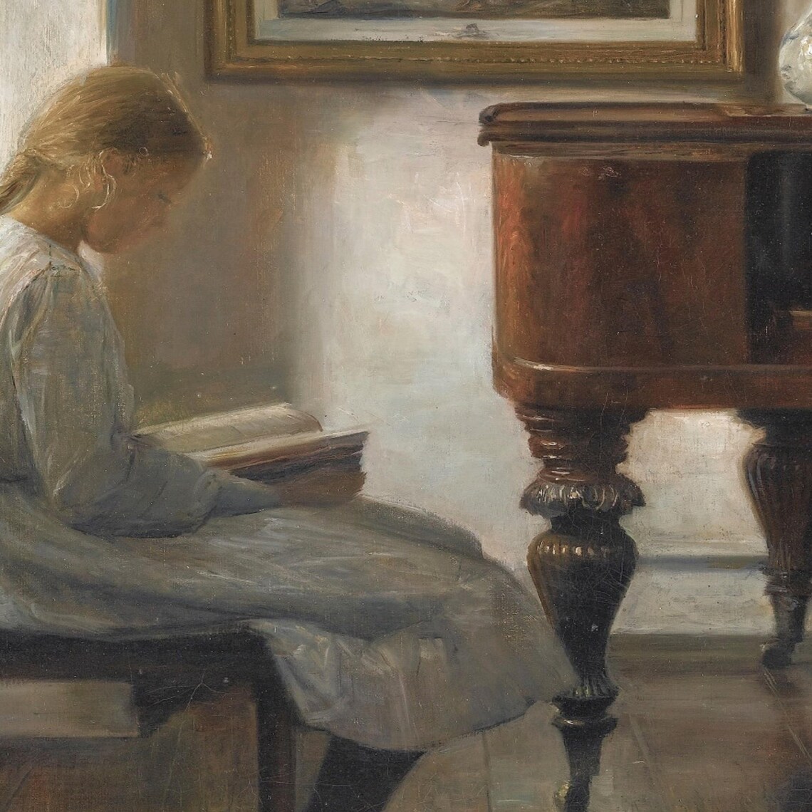 Girl Reading a Book, Vintage Piano Art Print - Image 2